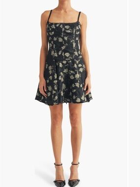 Floral Jacquard Mini Dress with Spaghetti Straps - Black/Gold